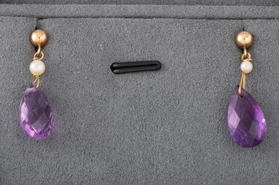 Lot 127 - A PAIR OF AMETHYST AND PEARL DROP EARRINGS,...