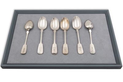 Lot 466 - A SET OF SIX VICTORIAN IRISH SILVER FIDDLE...