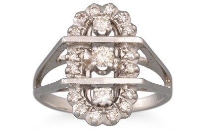Lot 218 - A DIAMOND SET BOAT SHAPED CLUSTER RING, split...