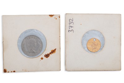 Lot 116 - A USA $1 DOLLAR 1853 COIN, drilled, and a UK...