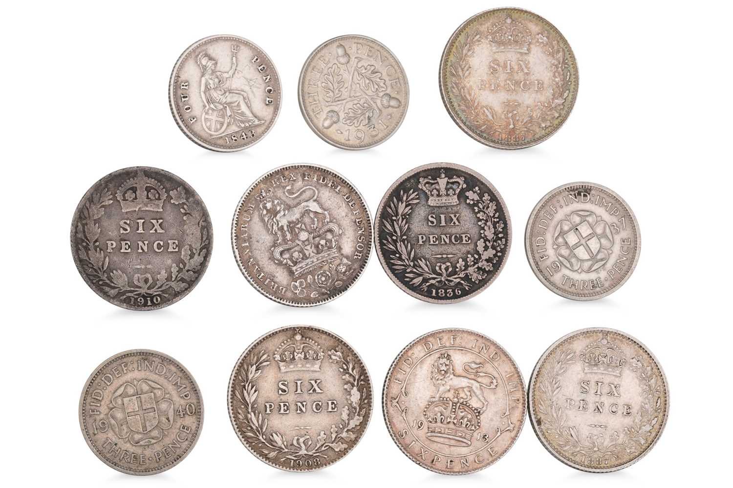 Lot 413 - 11 X ENGLISH SILVER COINS; 7 x 6d 1826 - 1910,...