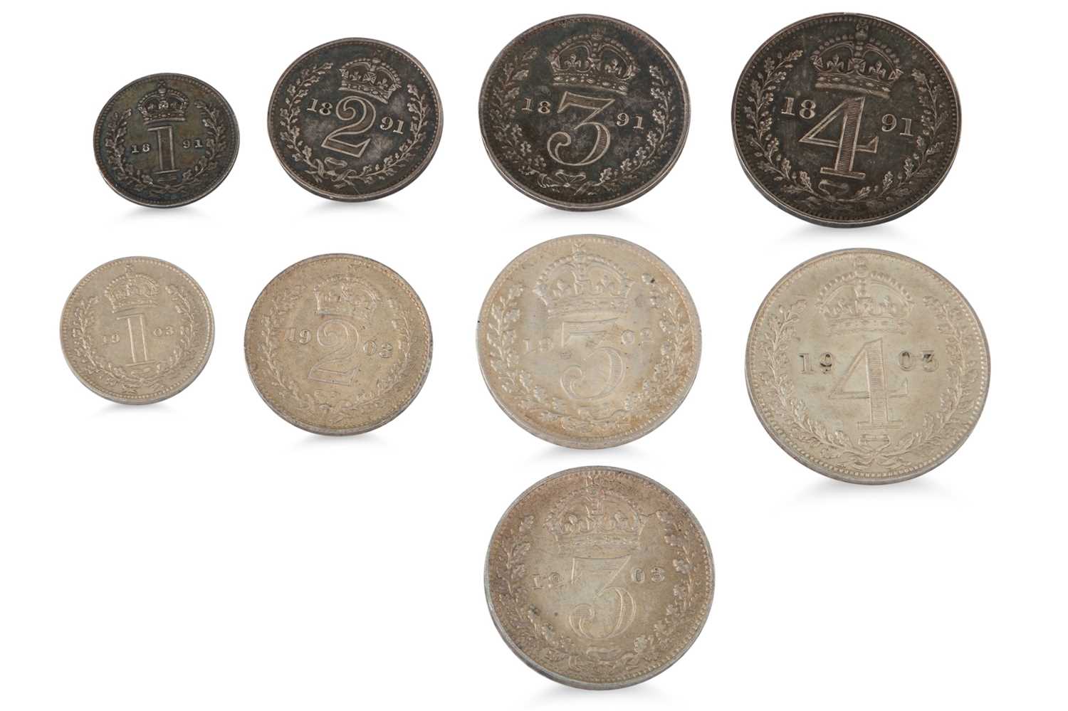 Lot 361 - 2 X 4 COIN MAUNDY SETS; 1891 Victroria UNC...