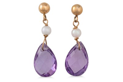 Lot 32 - A PAIR OF AMETHYST AND PEARL DROP EARRINGS,...