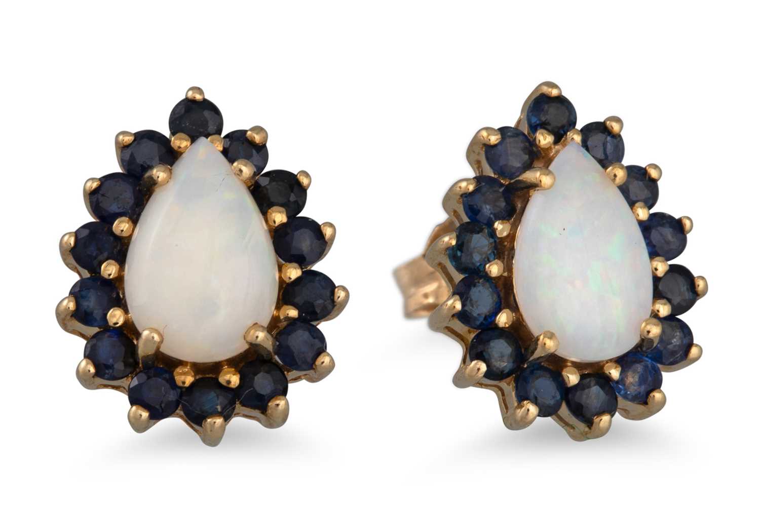 Lot 37 - A PAIR OF OPAL AND SAPPHIRE CLUSTER EARRINGS,...