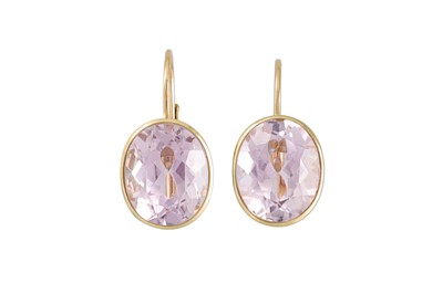 Lot 92 - A PAIR OF KUNZITE DROP EARRINGS, mounted in...
