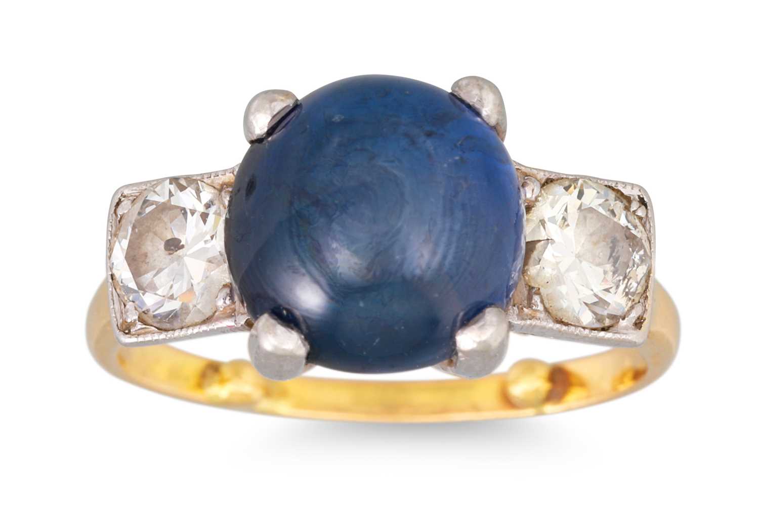 Lot 67 - A VINTAGE CABOCHON, SAPPHIRE AND DIAMOND THREE...
