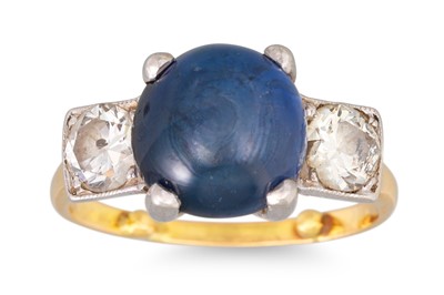 Lot 205 - A VINTAGE CABOCHON, SAPPHIRE AND DIAMOND THREE...
