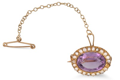 Lot 13 - AN ANTIQUE AMETHYST AND SEED PEARL BROOCH,...
