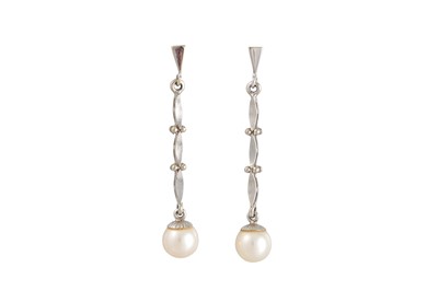 Lot 339 - A PAIR OF PEARL DROP EARRINGS, the shaped bars...