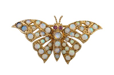 Lot 268 - AN OPAL BROOCH MODELLED AS A BUTTERFLY, ruby...