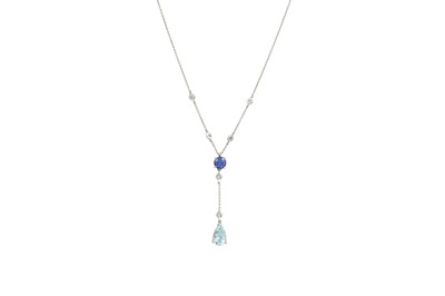 Lot 380 - A TANZANITE, DIAMOND AND AQUAMARINE PENDANT,...