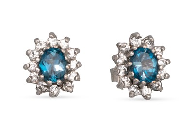 Lot 184 - A PAIR OF BLUE TOPAZ AND DIAMOND SET CLUSTER...