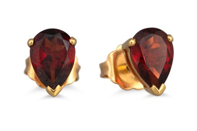 Lot 55 - A PAIR OF GARNET EARRINGS, the pear shaped...