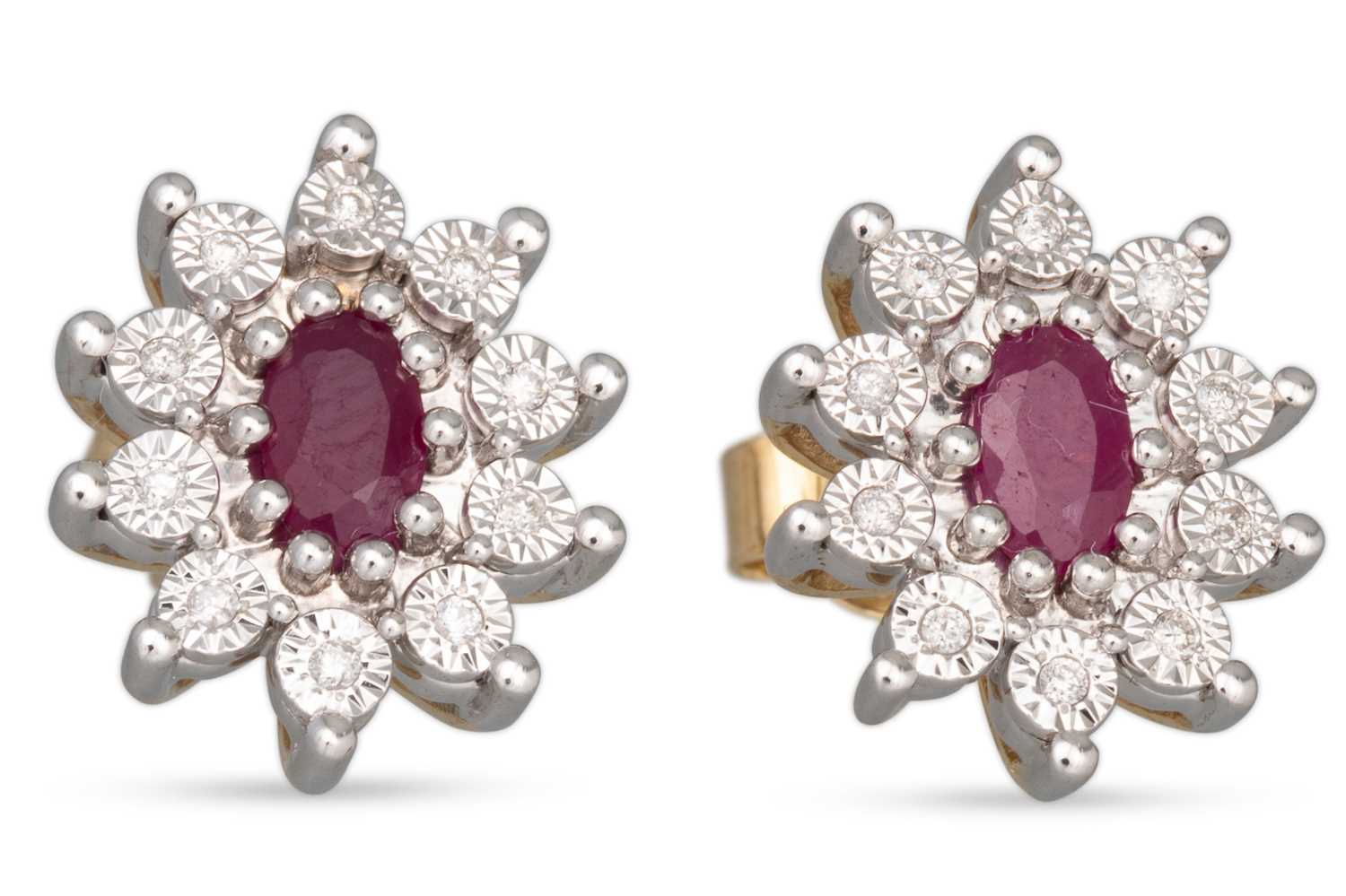 Lot 57 - A PAIR OF DIAMOND AND RUBY CLUSTER EARRINGS,...