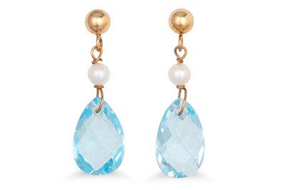 Lot 63 - A PAIR OF TOPAZ AND PEARL DROP EARRINGS, the...