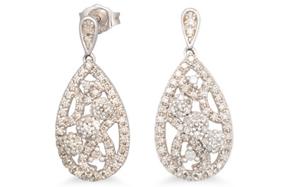 Lot 66 - A PAIR OF DIAMOND DROP EARRINGS, the pear...