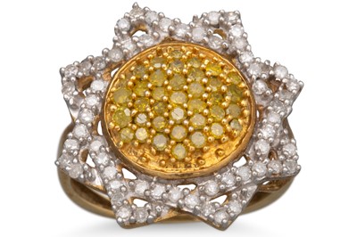 Lot 94 - A WHITE AND YELLOW DIAMOND CLUSTER RING, the...