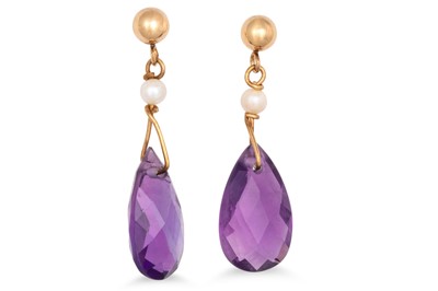Lot 96 - A PAIR OF PEARL AND AMETHYST DROP EARRINGS,...
