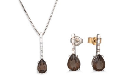 Lot 99 - A SUITE OF SMOKEY QUARTZ AND DIAMOND EARRINGS...