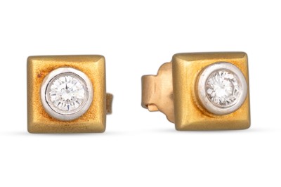 Lot 102 - A PAIR OF DIAMOND SET EARRINGS, the bezel set...