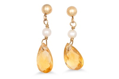 Lot 107 - A PAIR OF CITRINE AND PEARL DROP EARRINGS, the...