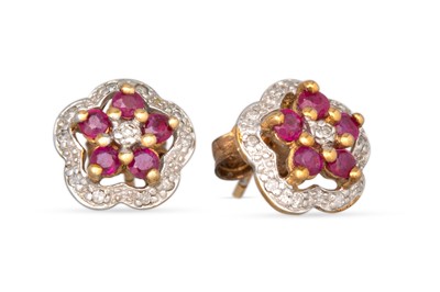 Lot 111 - A PAIR OF DIAMOND AND RUBY CLUSTER EARRINGS,...
