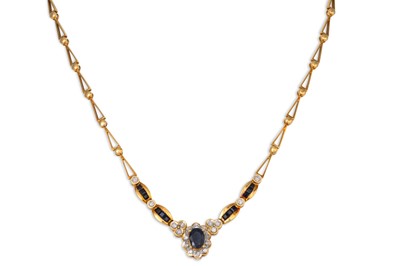 Lot 120 - A DIAMOND AND SAPPHIRE NECKLACE, the oval...