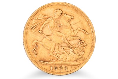Lot 509 - A 1909 FULL GOLD SOVEREIGN ENGLISH COIN,...