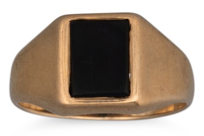Lot 14 - THREE GOLD RINGS, one 9ct with onyx, one 18ct...