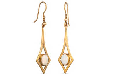 Lot 17 - A PAIR OF OPAL SET EARRINGS, mounted in 9ct gold