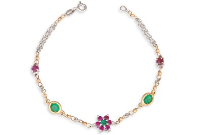 Lot 138 - AN EMERALD AND RUBY BRACELET, set to the...