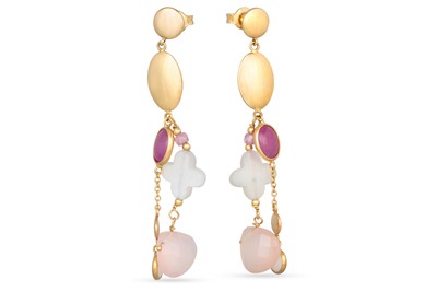 Lot 146 - A PAIR OF RUBY AND PINK CHALCEDONY DROP...