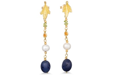Lot 147 - A PAIR OF SAPPHIRE AND PEARL DROP EARRINGS,...