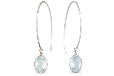 Lot 151 - A PAIR OF AQUAMARINE DROP EARRINGS, the oval...