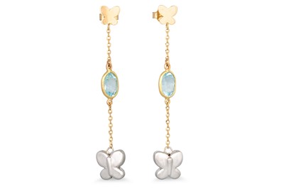 Lot 152 - A PAIR OF BLUE TOPAZ DROP EARRINGS, suspending...