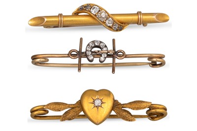 Lot 27 - THREE VICTORIAN GOLD AND DIAMOND BAR BROOCHES,...