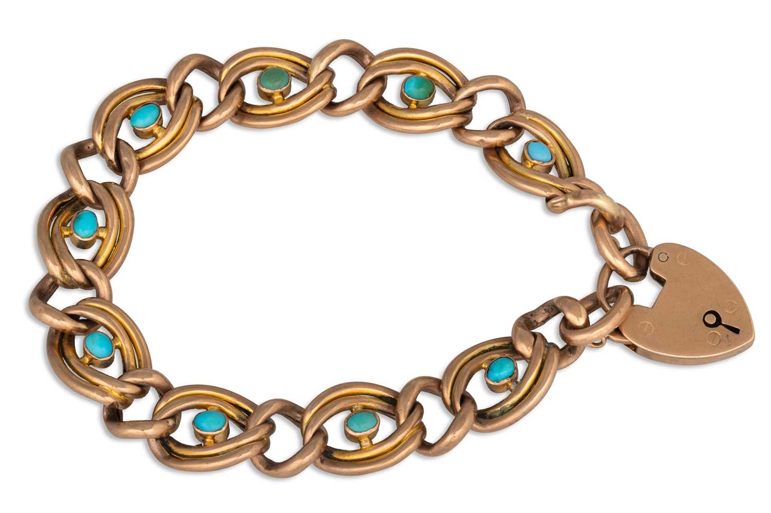 Lot 30 - A 9CT GOLD TURQUOISE SET DOUBLE CURB LINK...