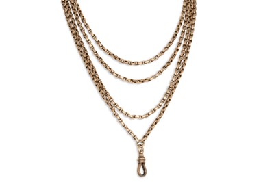 Lot 33 - A 9CT GOLD VICTORIAN MUFF CHAIN, elongated...
