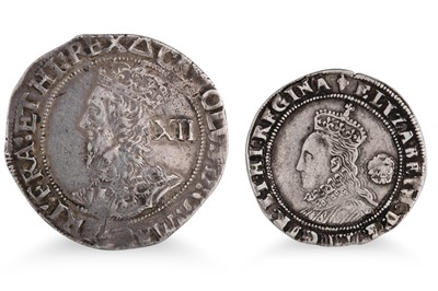 Lot 343 - TWO ENGLISH SILVER COINS; a Charles I 1/- F,...