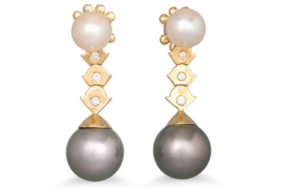 Lot 73 - A PAIR OF PEARL DROP EARRINGS, set with white...