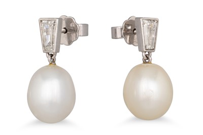 Lot 126 - A PAIR OF PEARL AND DIAMOND DROP EARRINGS, the...