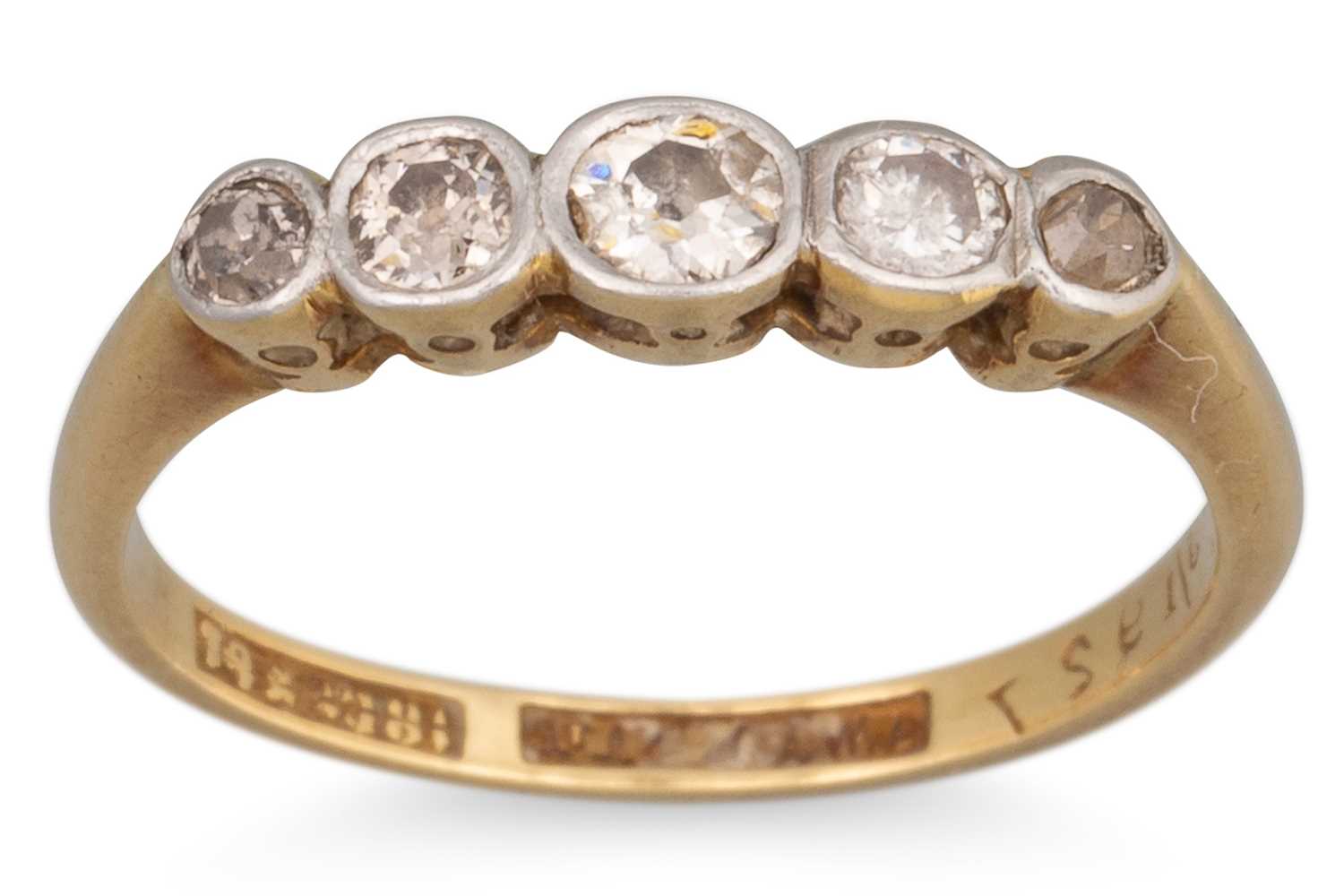 Lot 14 - A DIAMOND FIVE STONE RING, the collet set old...