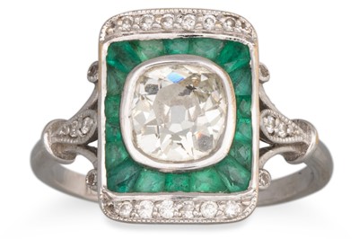 Lot 351 - A DIAMOND AND EMERALD PLAQUE RING, central old...