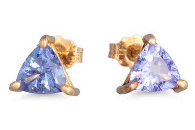 Lot 16 - A PAIR OF TANZANITE EARRINGS, the trillion cut...