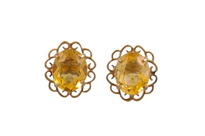 Lot 123 - A PAIR OF LARGE CITRINE EARRINGS, mounted in gold