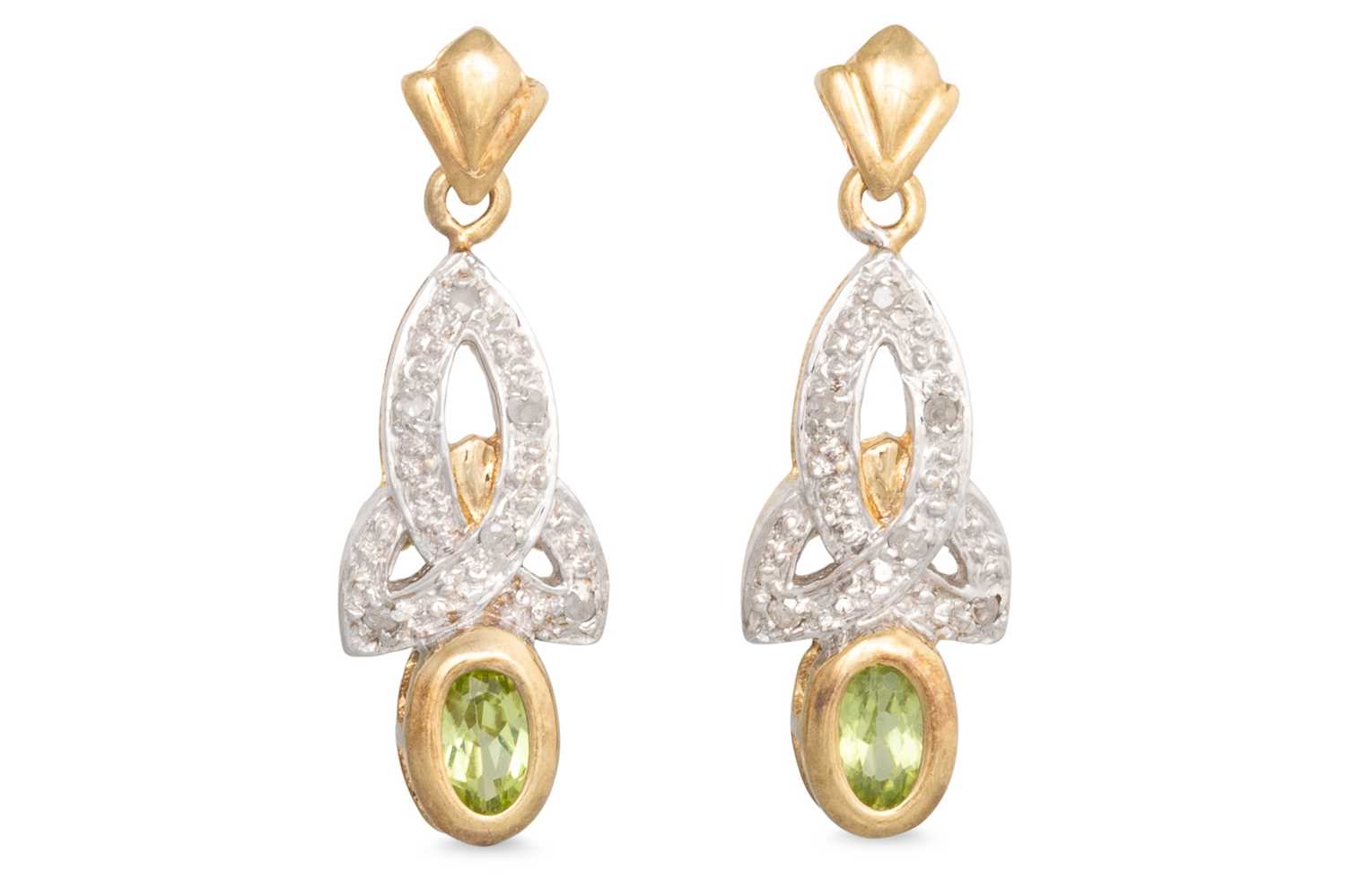 Lot 26 - A PAIR OF PERIDOT DROP EARRINGS, set with...