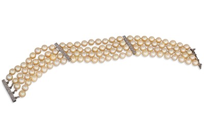 Lot 49 - A FOUR STRANDED PEARL BRACELET, to 9ct white...
