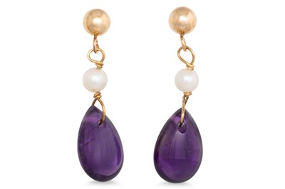 Lot 51 - A PAIR AMETHYST AND PEARL DROP EARRINGS,...