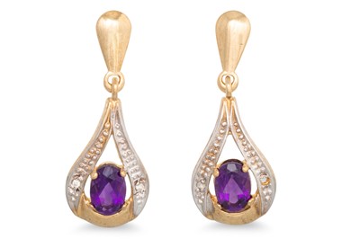Lot 55 - A PAIR OF AMETHYST AND GOLD DROP EARRINGS, the...