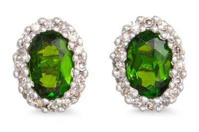 Lot 57 - A PAIR OF DIOPSIDE AND DIAMOND EARRINGS, the...